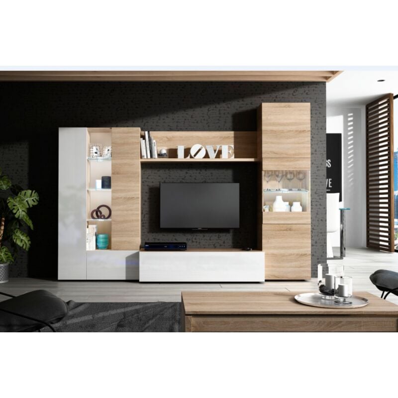 

Mueble de salón para TV Essential 260 cm blanco brillante y roble claro | Roble claro