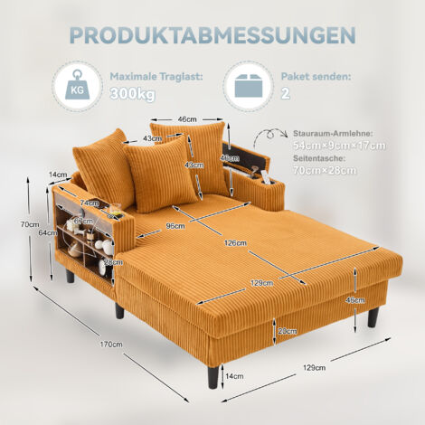 Salon multifonction velours côtelé avec chaise longue. Porte-gobelets,éclairage LED,rangement et port USB,pieds robustes polyvalents.