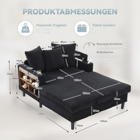Salon multifonctionnel en velours côtelé avec chaise longue. Équipé de LED,porte-gobelets,poches,rangement et port USB,pieds robustes.