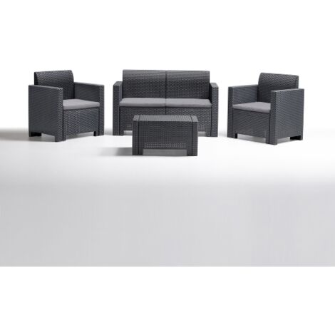 Salon Nebraska 2 en re'sine effet polirattan anthracite compose' d'un canape' de deux fauteuils avec coussins et d'une table de jardin d'exte'rieur
