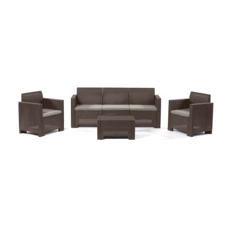 Salon Nebraska 3 en re'sine effet polirattan marron compose' d'un canape' de deux fauteuils avec coussins et d'une table de jardin exte'rieur
