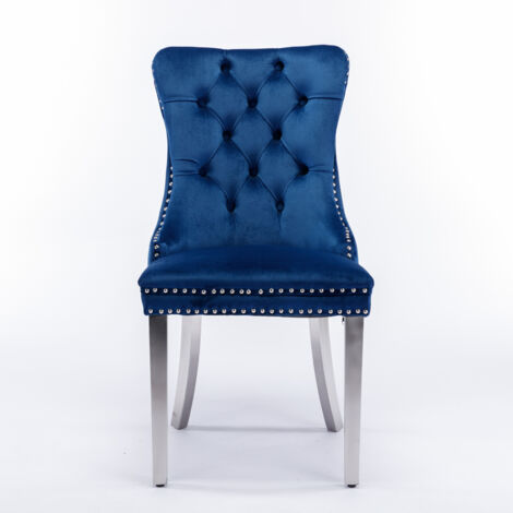 Salon Nickel Collection DE1701BL,2 places velours rembourré haut de gamme,bois massif,pieds acier chromé,finition clous bleu et chromé