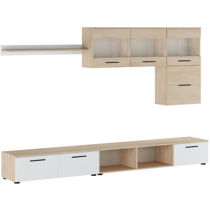 Salon paris, salle à manger avec Leds, finition en Chêne/Blanc, 250x190x42cm - Skraut Home