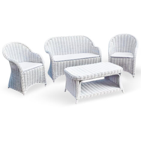 Salon Roma de 1 canapé 2 fauteuils 1 table basse en rotin tressé blanc