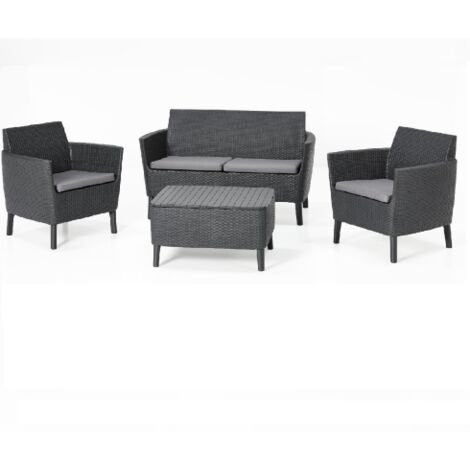 Salon Salemo graphite en re'sine effet polirattan compose' d'un canape' de deux fauteuils avec coussins et d'une table de jardin exte'rieur