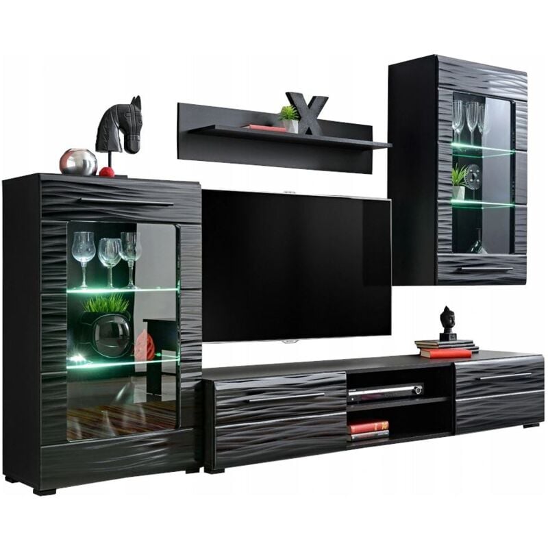 Dusine - Ensemble tv madmax Noir Laqué Effet 3D avec led pour tv Hifi box et consoles