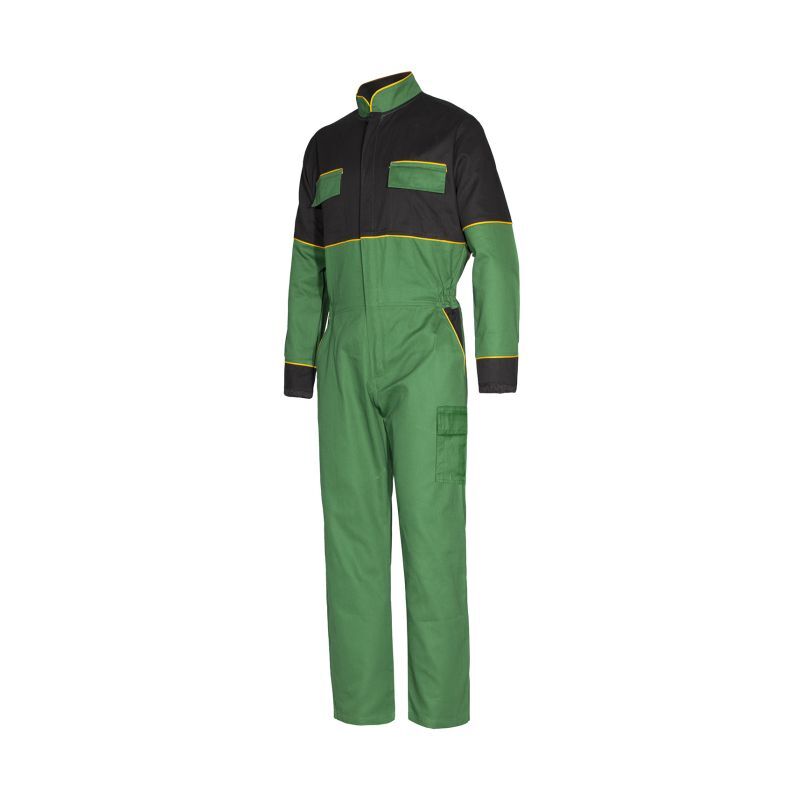 Salopette de travail bicolore vert/noir taille M – 60% coton, 40% polyester – Poches pratiques pour outils – Confort élastique aux poignets – Issaline