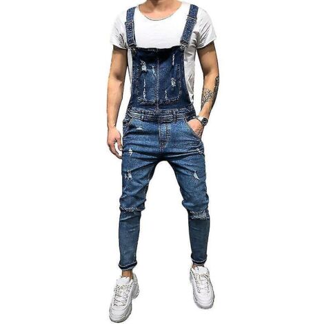 Salopette en jean déchiré à bretelles pour homme - Taille XL - Bleu foncé