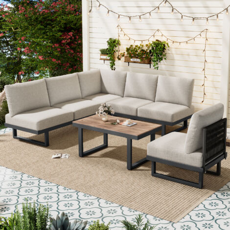 Salotti da giardino modulabili grigi con divano angolare trasformabile in letto, tavolino e cuscini spessi