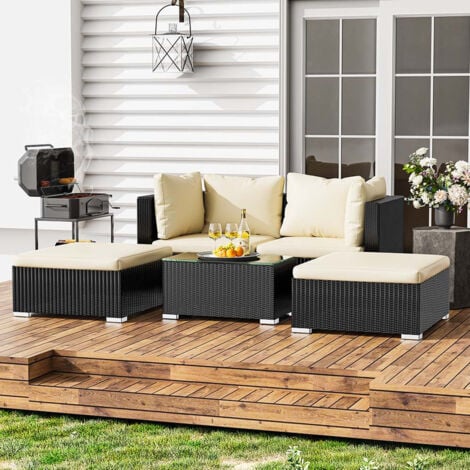Salotti giardino rattan, Set Divani da Giardino 5 pz con Pouf, Nero