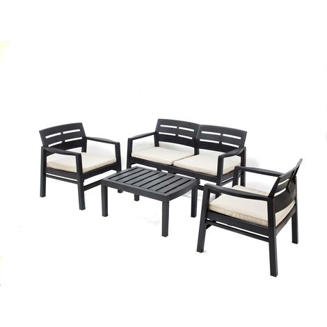 Salottino da esterno con 2 poltrone 1 divano 1 tavolino con cuscini, Made in Italy, color Antracite
