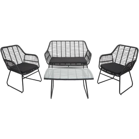 Salottino da esterno giardino HWC-G17a polyrattan legno chiaro antracite  con cuscini decorativi