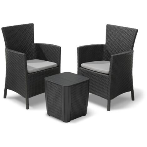 Salottino Iowa balcony in resina effetto polirattan due poltrone con cuscini e un tavolino graphite da esterno e interno