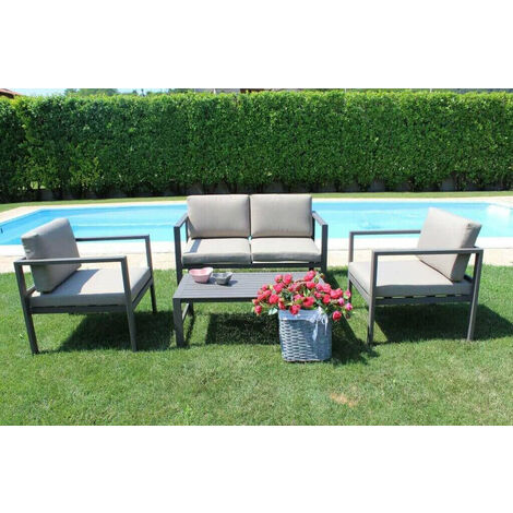Salotto 4 posti in alluminio per esterno divano poltrone e tavolino con cuscini Eracle -  DarkGrey
