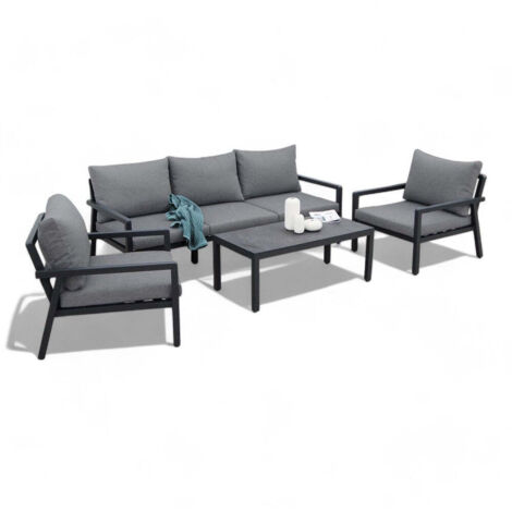 Salotto 5 posti da esterno giardino con struttura in alluminio effetto doghe con cuscini Alcazar - Black