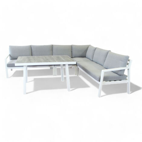 Salotto angolare da giardino in alluminio bianco con cuscini incluso divano poltrona tavolino set arredo esterno moderno