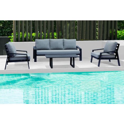 Salotto da esterno 5 posti con struttura in alluminio effetto doghe divano e poltrone con cuscini e tavolino Trenton -  Black