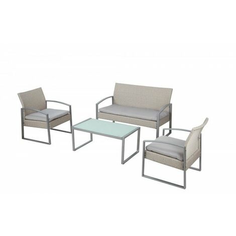 Salotto da esterno divano, due poltrone e tavolino metallo grigio e rattan sintetico bianco avorio Fredi Shewa