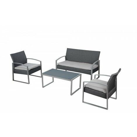 Salotto da esterno divano, due poltrone e tavolino metallo grigio e rattan sintetico grigio scuro Fredi Shewa