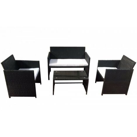Salotto da esterno divano, due poltrone e tavolino, Polyrattan nero, cuscini bianchi  Fredi Cileva
