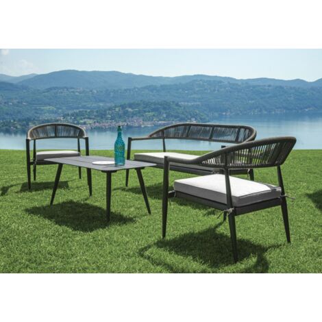 Salotto da esterno divano poltrone e tavolino in alluminio antracite, twist wicker Milano