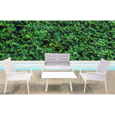 Salotto da esterno giardino 4 posti con struttura in acciaio e textilene con tavolino effetto doghe Kentucky -  White