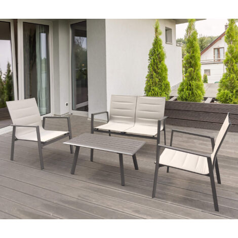 Salotto da esterno giardino 4 posti con struttura in acciaio e textilene con tavolino effetto doghe Kentucky -  White