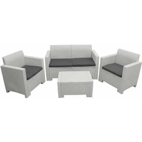 Salotto da esterno giardino 4 posti in resina e wicker con tavolino e cuscini Creta - White