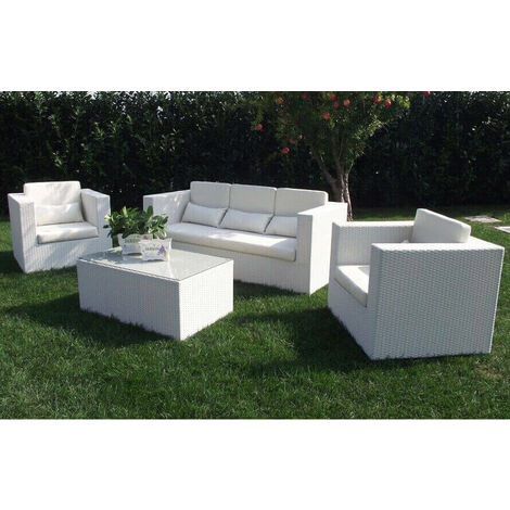 Salotto da esterno giardino 5 posti con struttura in alluminio rivestito in wicker intrecciato con cuscini Agustin -  White