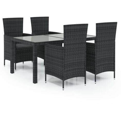 Salotto da esterno in 5 pezzi con cuscini in resina intrecciata nera 020014954