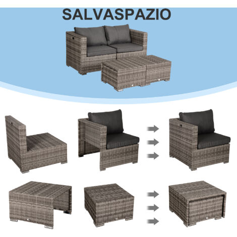 Salotto da esterno in rattan sintetico PE, 8 pezzi, set di mobili da giardino salvaspazio con poltrone, tavolini e sgabelli, grigio