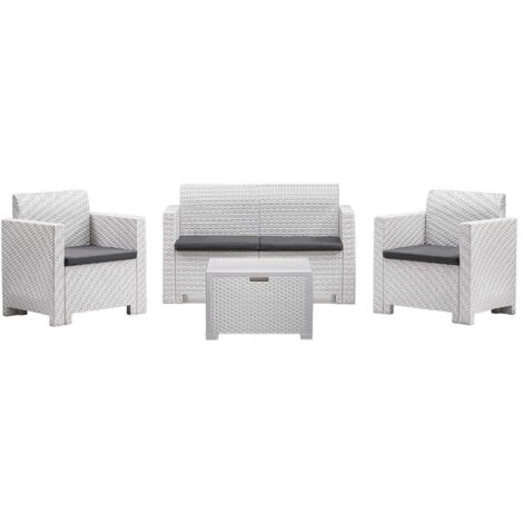 Salotto da esterno in rattan stampato 2 poltrone con tavolo e divano con 2 posti tavolino e cuscini Nebraska -  Bianco