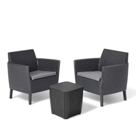 Salotto da esterno in resina effetto rattan 2 poltrone e 1 tavolino con cuscini Salemo Balcony