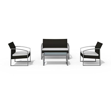 Salotto da Esterno Nero Eco Rattan Divano 2 Poltrone Tavolino Giardino Cuscini