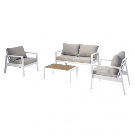 Salotto da esterno struttura in alluminio bianco 1 divano 2 poltrone e 1 tavolino con cuscini Parama
