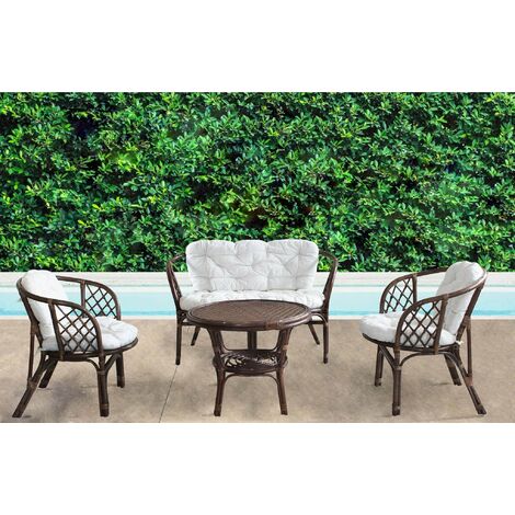 Salotto da giardino 4 posti con struttura in legno bamboo intrecciati con vimini e tavolino tondo Enea -  SaddleBrown