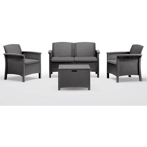 Salotto da giardino 4 posti in wicker stampato con cuscini e tavolino contenitore Friuli -  Black