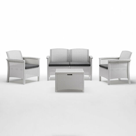 Salotto da giardino 4 posti in wicker stampato con cuscini e tavolino contenitore Friuli -  White