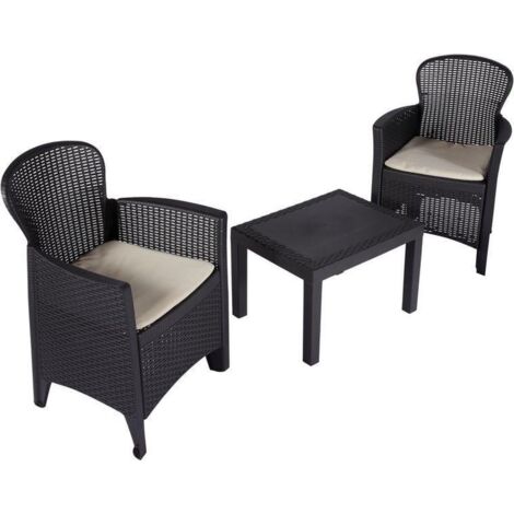 Salotto da Giardino Akita 3pz Antracite con Cuscini Antracite 1 Tavolo + 2 Poltrone