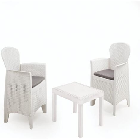 Salotto da Giardino Akita 3pz Bianco White con Cuscini 1 Tavolo + 2 Poltrone