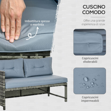 Salotto da giardino con divano a 2 posti, lettino e tavolino, set da giardino in rattan sintetico e vetro con cuscini, grigio