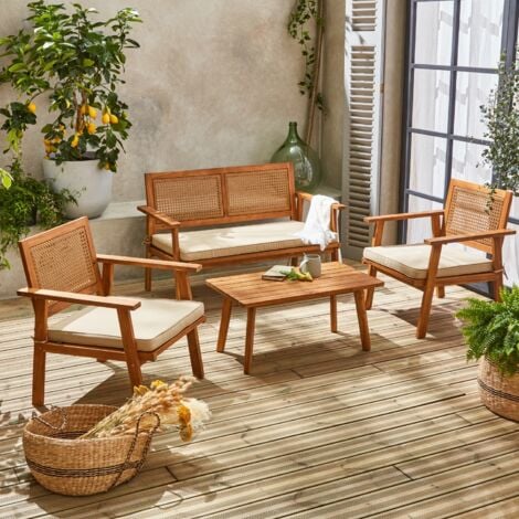 Salotto da giardino in legno e canna per 4 persone