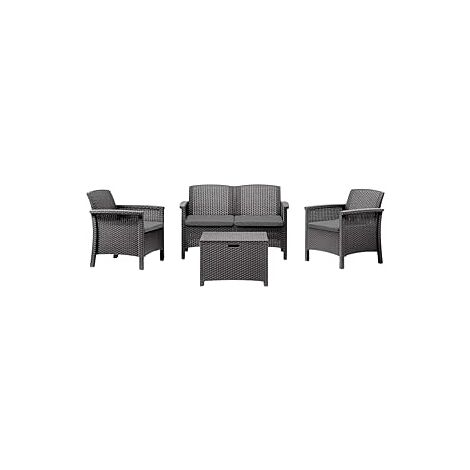 Salotto Da Giardino In Plastica Rattan - Set da Esterno: Divano, Poltrone con Cuscini e Tavolo - Per Relax - Nero