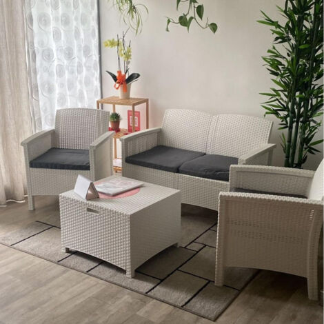 Salotto da giardino in resina effetto rattan divano da due posti con due poltrone e un tavolino -  Bianco