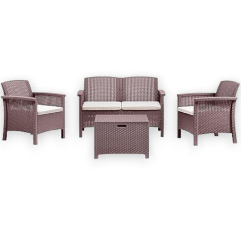 Salotto da giardino in resina effetto rattan divano da due posti con due poltrone e un tavolino -  Marrone