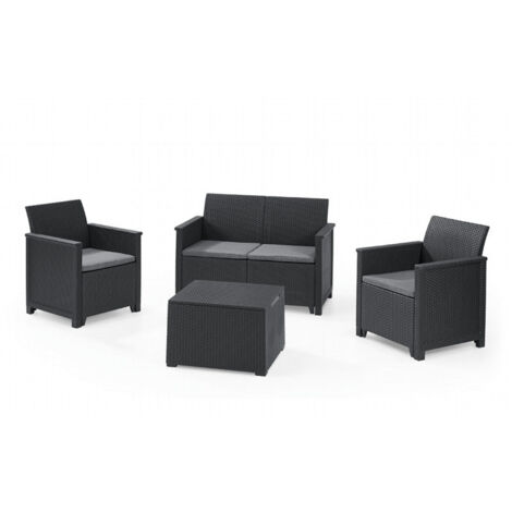 Salotto da giardino in resina effetto rattan divano due posti tavolo più due poltrone Emma Lounge Keter