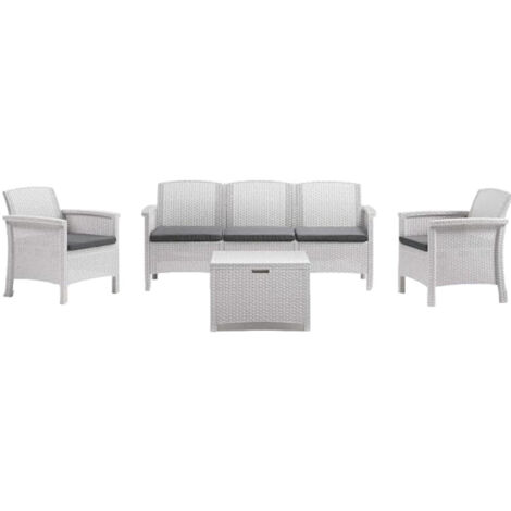 Salotto da giardino in resina effetto rattan divano tre posti più due poltrone e un tavolino -  Bianco