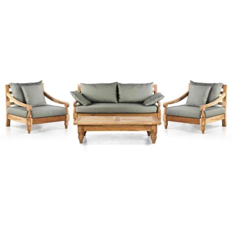 Salotto da giardino in teak naturale con cuscini grigi - Bagon