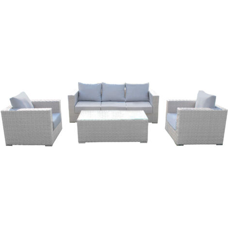 SALOTTO DA GIARDINO SET 3 POSTI BIANCO CON CUSCINI INTRECCIO Salotto in polyrattan bianco da giardino divano tre posti