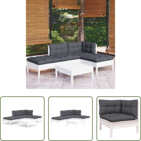 Salotto da giardino -  Set Divani da Giardino 5 pz con Cuscini Bianchi Legno di Pino
